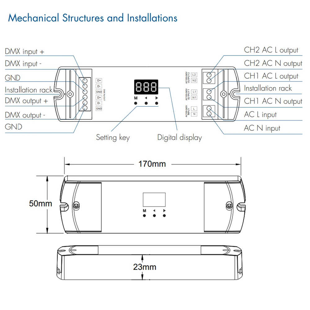 AC Triac DMX Dimmer Two Channel Output 2 Channel Dimmer Triac Dimmable and Mosfet Dimmable Input Voltage 100-240VAC RDM function