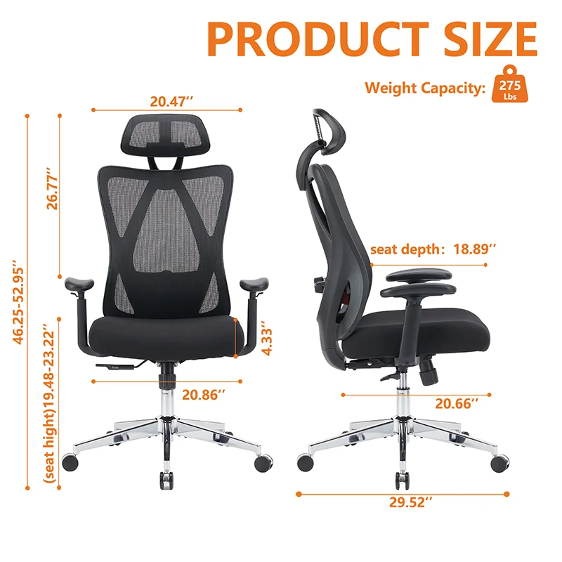 Sweetcrispy High Back Ergonomic Office Chair Adjustable Headrest and Waistrest Mesh Desk chair On-Site