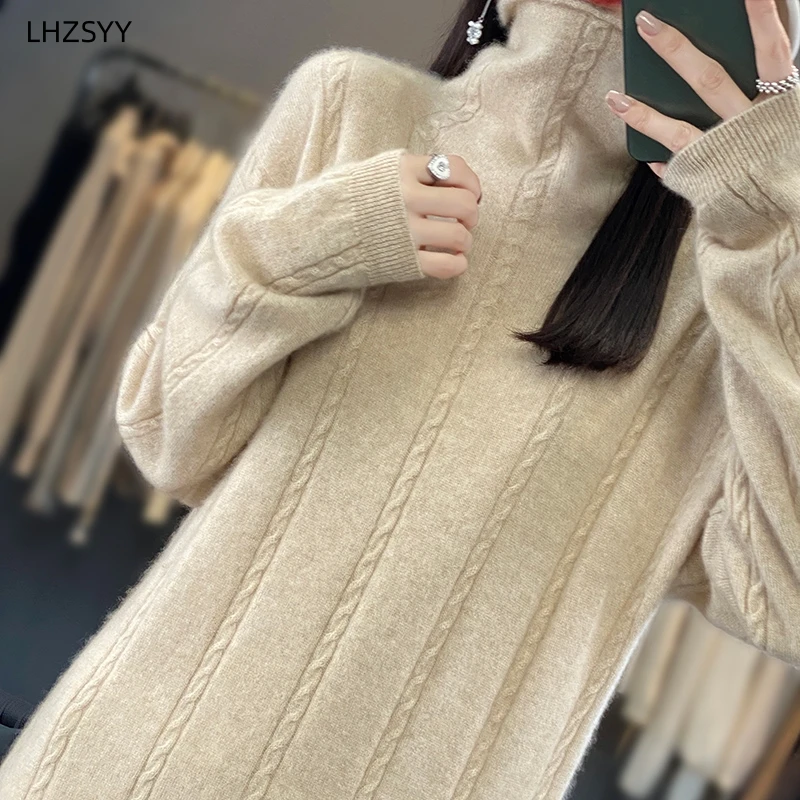 LHZSYY Turtleneck gaun wol murni wanita, Gaun panjang kasmir longgar sweater kelas atas musim gugur, rok rajut bungkus pinggul musim dingin dan musim gugur 100%