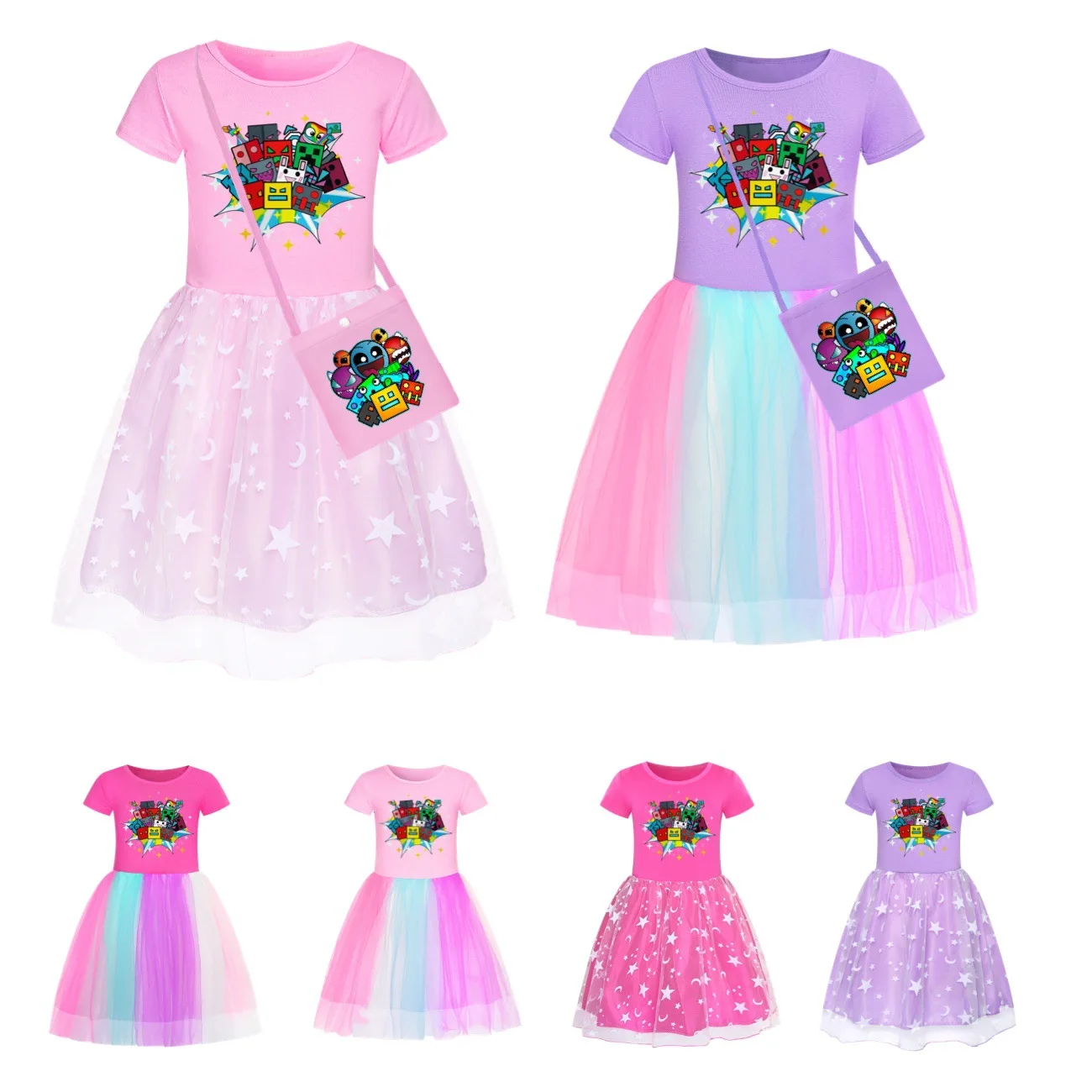 2024 New Game Geometry Dash Costumes Girls Dresses Bag Kawaii Kids Princess Dress Birthday party Costume with Bag