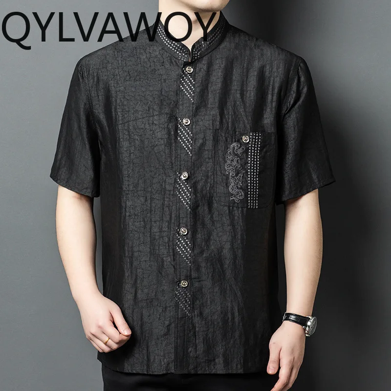 QYLVAWOY 100% Real Mulberry Silk Shirts for Man High Quality Short Sleeve Top Men Clothing Stand Collar Black Shirt streetwear