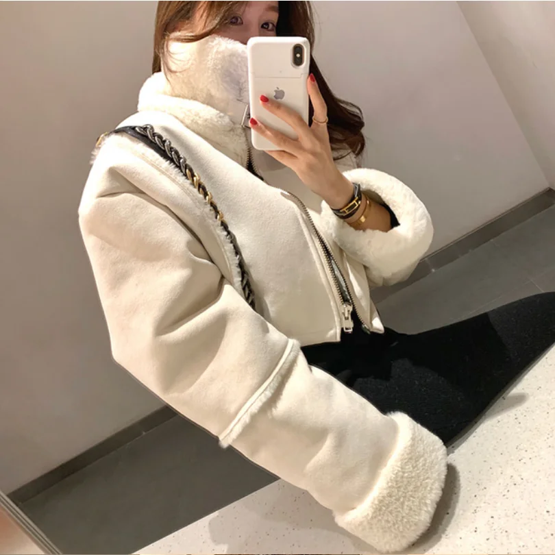 

Faionable Stand Collar Spliced Lamb Fur Biker Jaet Women ort Sle Korean Spring Autumn Winter Online Exclusive