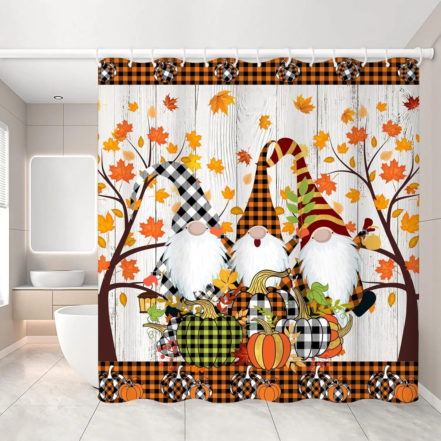 Autumn Elf Harvest Season Shower Curtain Pumpkins Maple Leaf Forest Hello Fall Bathroom Decor Polyester Bath Curtain with Hook