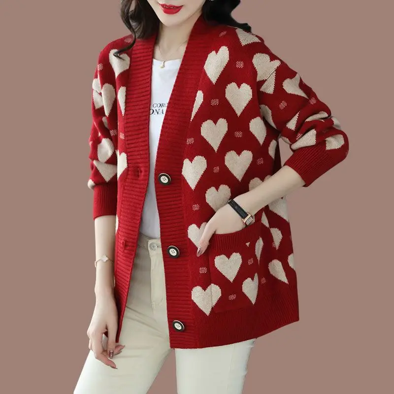 Autumn Winter Oversized sweater Cardigan Casual Korean printing Buttons V-neck Long sleeve knitting coat Ladies elegant top tee