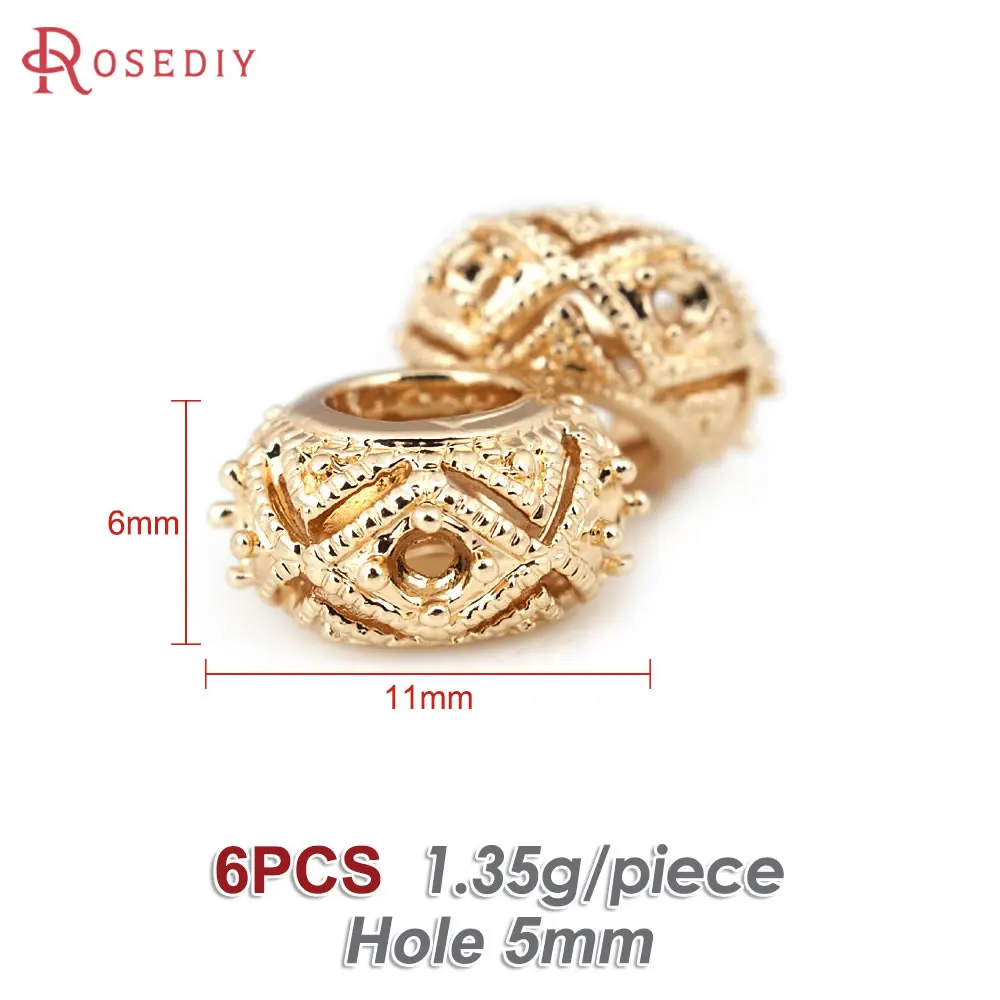 6PCS 18K Gold Color Brass Large hole Spacer Beads Bracelet Beads Diy Jewelry Making Supplies Bracelet Accessories for Women