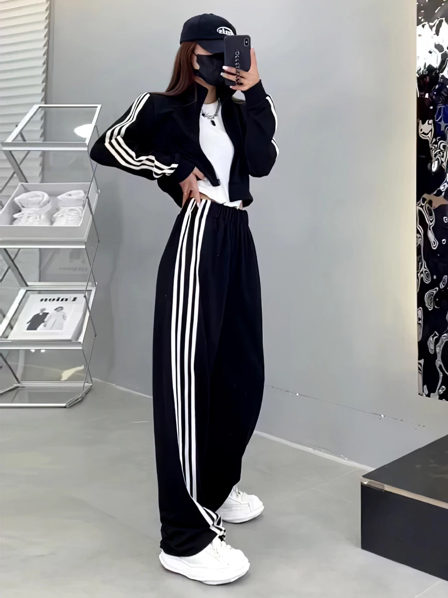 

Повседневный комплект спортивной одежды, женский осенне-зимний новый джемпер в полоску сбоку, спортивные штаны, комплект из двух предметов, High Street Sle