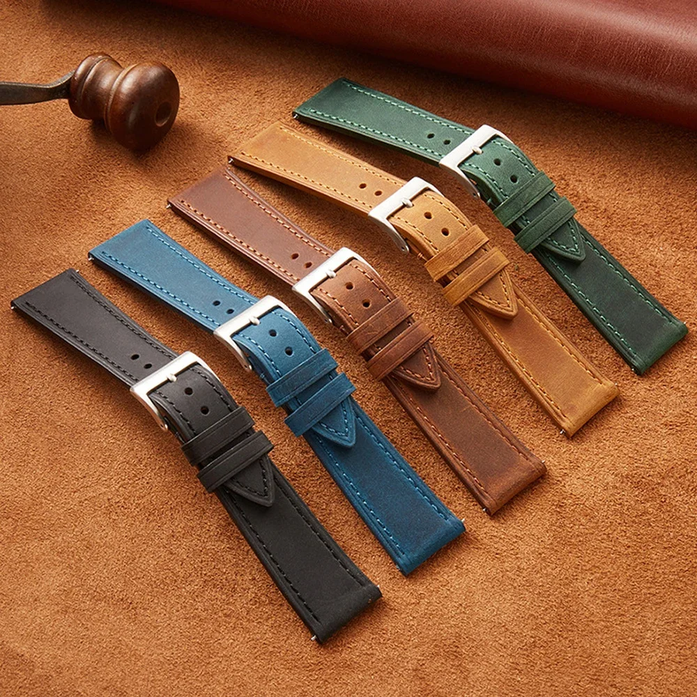 Crazy Horse Leather Watchband 18mm 20mm 22mm Genuine Leather Watch Strap Quick Release Retro Leather Belts Bracelets