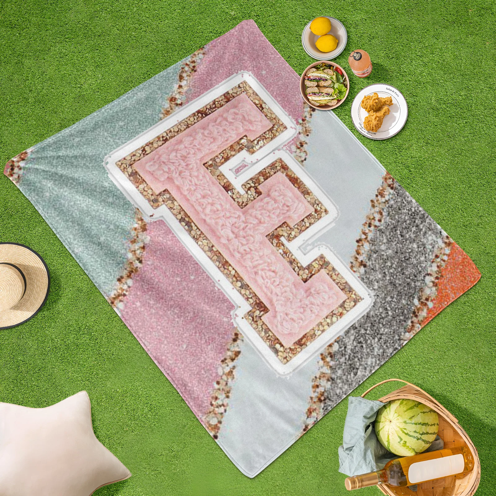 Outdoor Blanket With Letter F Design In Vibrant Pink And Orange For Stylish Outdoor Adventures Camping And Beach Relaxation