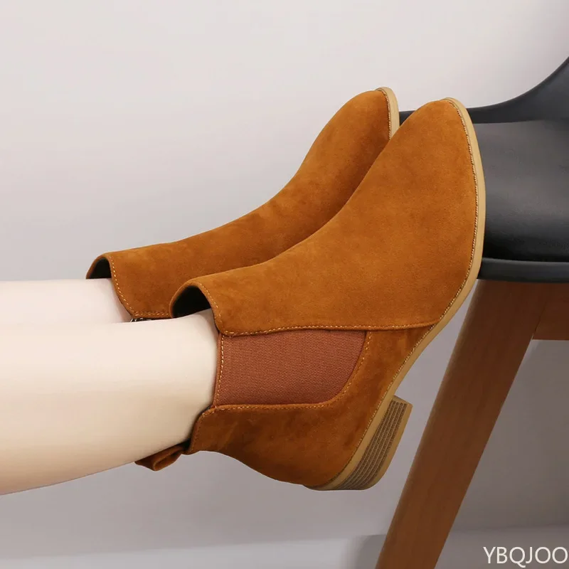 Herbst neue modische vielseitige Damenstiefel mit dickem Absatz und hohen Absätzen, bequeme Damenstiefel mit runder Spitze und seitlichem Reißverschluss