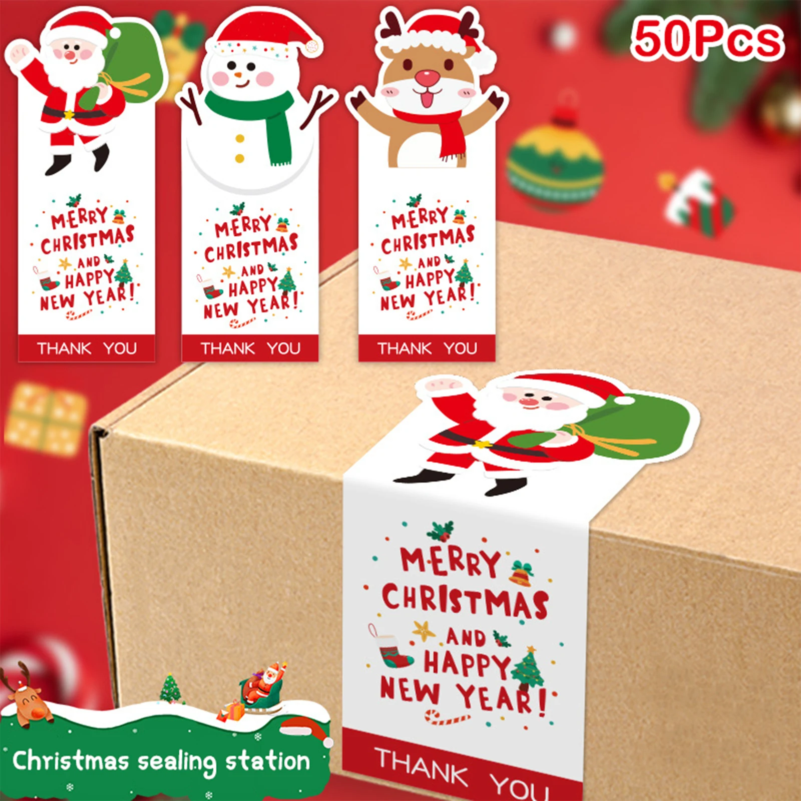 50pcs Merry Christmas Stickers Rectangle Christmas Gift Box Decor Seal Sticker Cute Santa Stickers Stationery