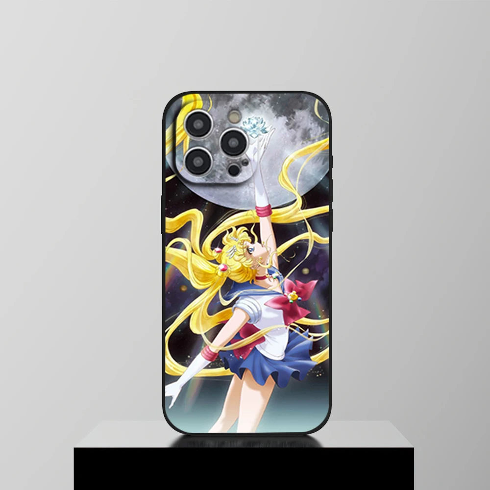 

Anime S-Sailor M-Moon Phone Case For iPhone 16 11 12 13 14 15 Pro Max Plus Black Soft Shell