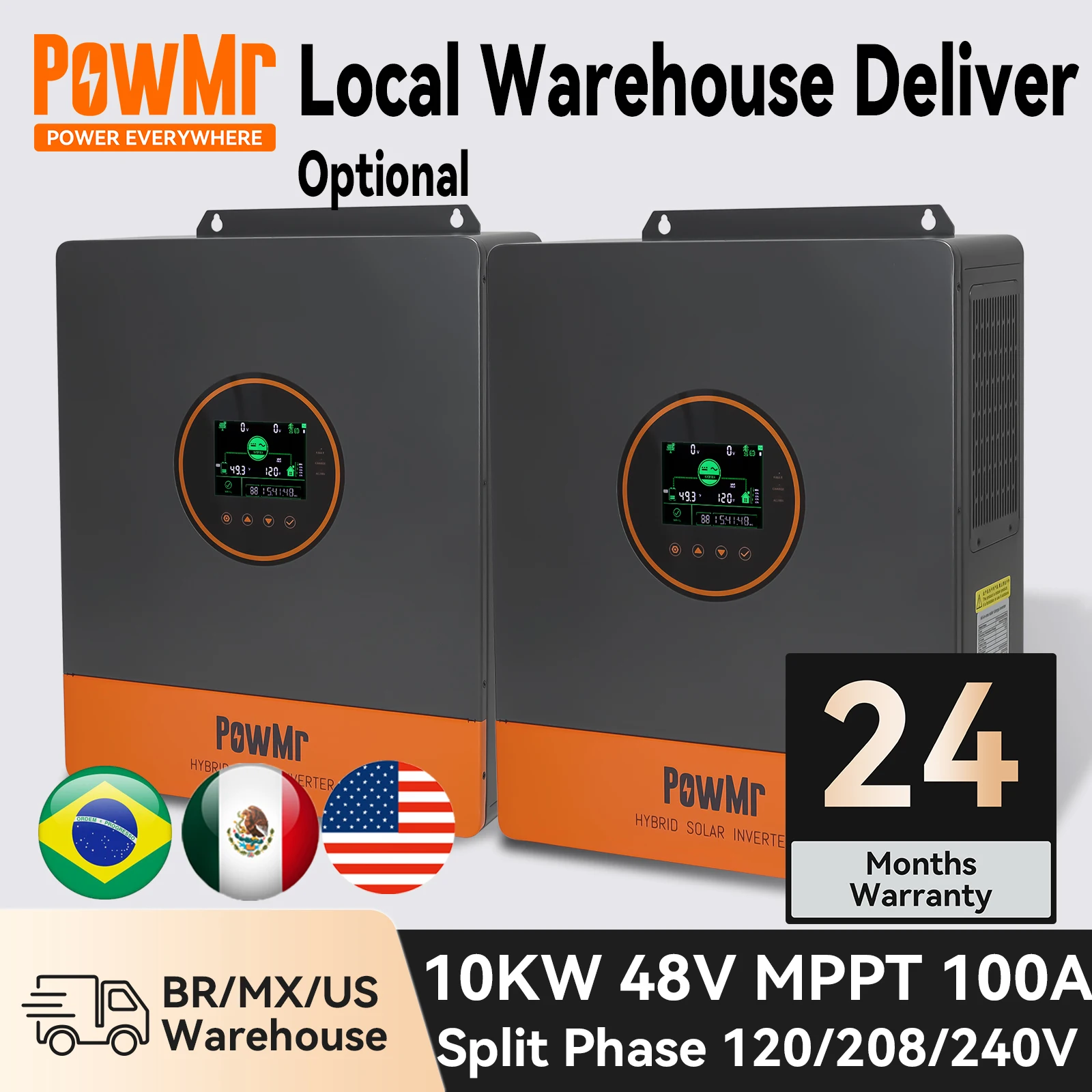 PowMr 10KW Hybrid Solar Inverter 48V to 120V 208V 240V Inverter MPPT 100A Split Phase Pure Sine ON Grid OFF Grid in One Coverter