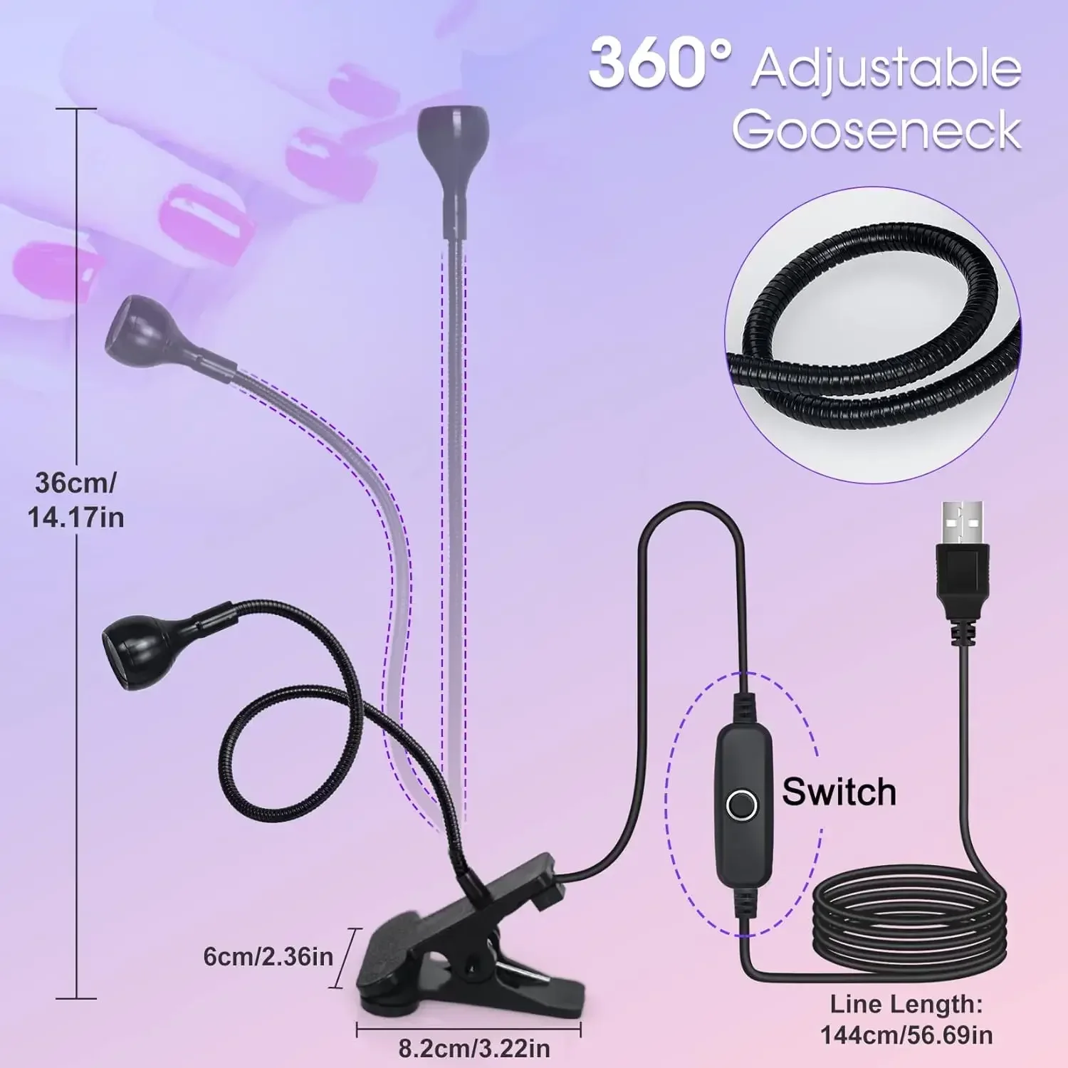 USB Clip Nageldroger 4-niveau verstelbaar licht Instant nageldroger Machine Mini draagbare nagellamp voor het uitharden van nagels en opdruknagels