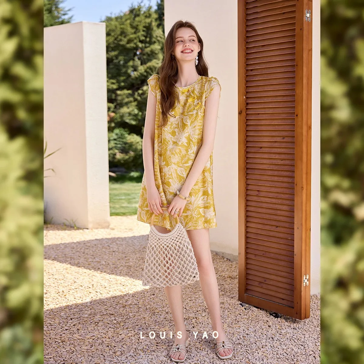 

LOUIS YAO Floral Print Dress 2026 Summer Loose Straight Frog Button Flutter Sleeve Cottage core Pastoral Women's Long Dress