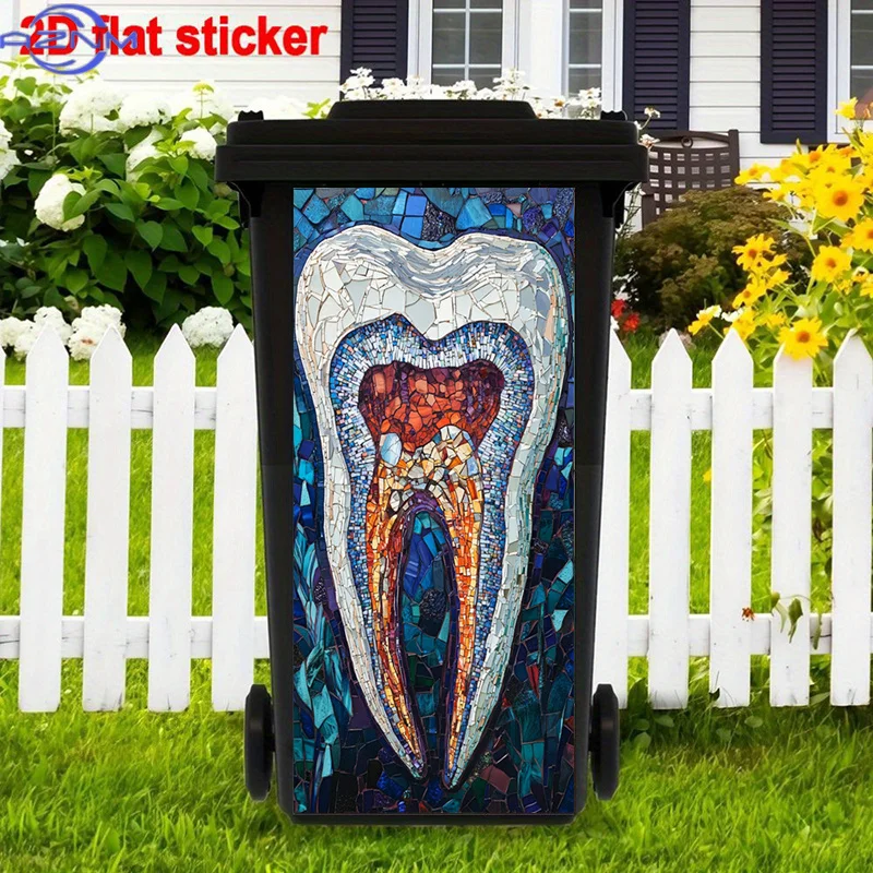 Mosaic Art Trash Can Sticker, Tooth-Shaped Dental Anatomy Decal, Vibrant Colors, Self-Adhesive Wall Sticker, Classic Style, Hi