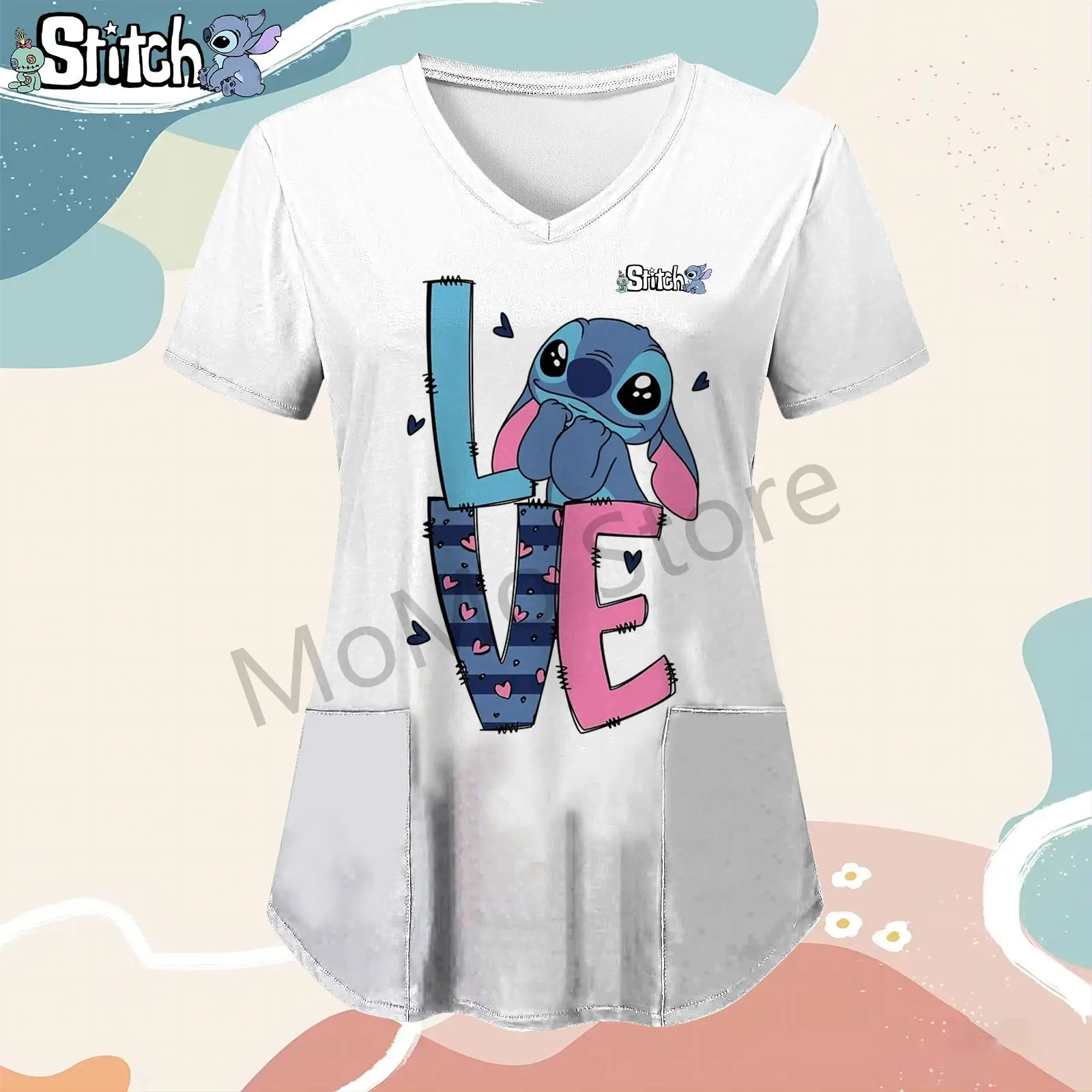 Kawaii Disney Stitch Women's V Neck Nurse Uniform T-Shirt Pocket Youthful Woman Clothes Summer Short Sleeve 2024 Tops S-2XL Y2k