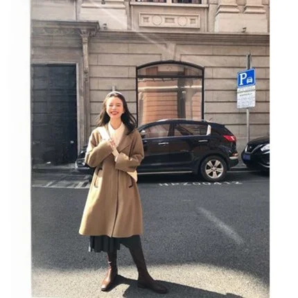 

Double-Faced Camere Long Coat Autumn Winter Sle Suit Collar Women's Small Size eepskin Jaet Korean Version Commute Pa...