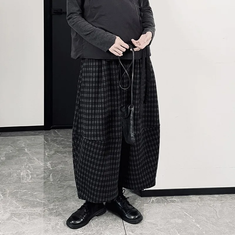 

Johnature Winter Plaid Casual Harem Pants For Women New Thickened Woolen Elastic Waist Loose Women Pants