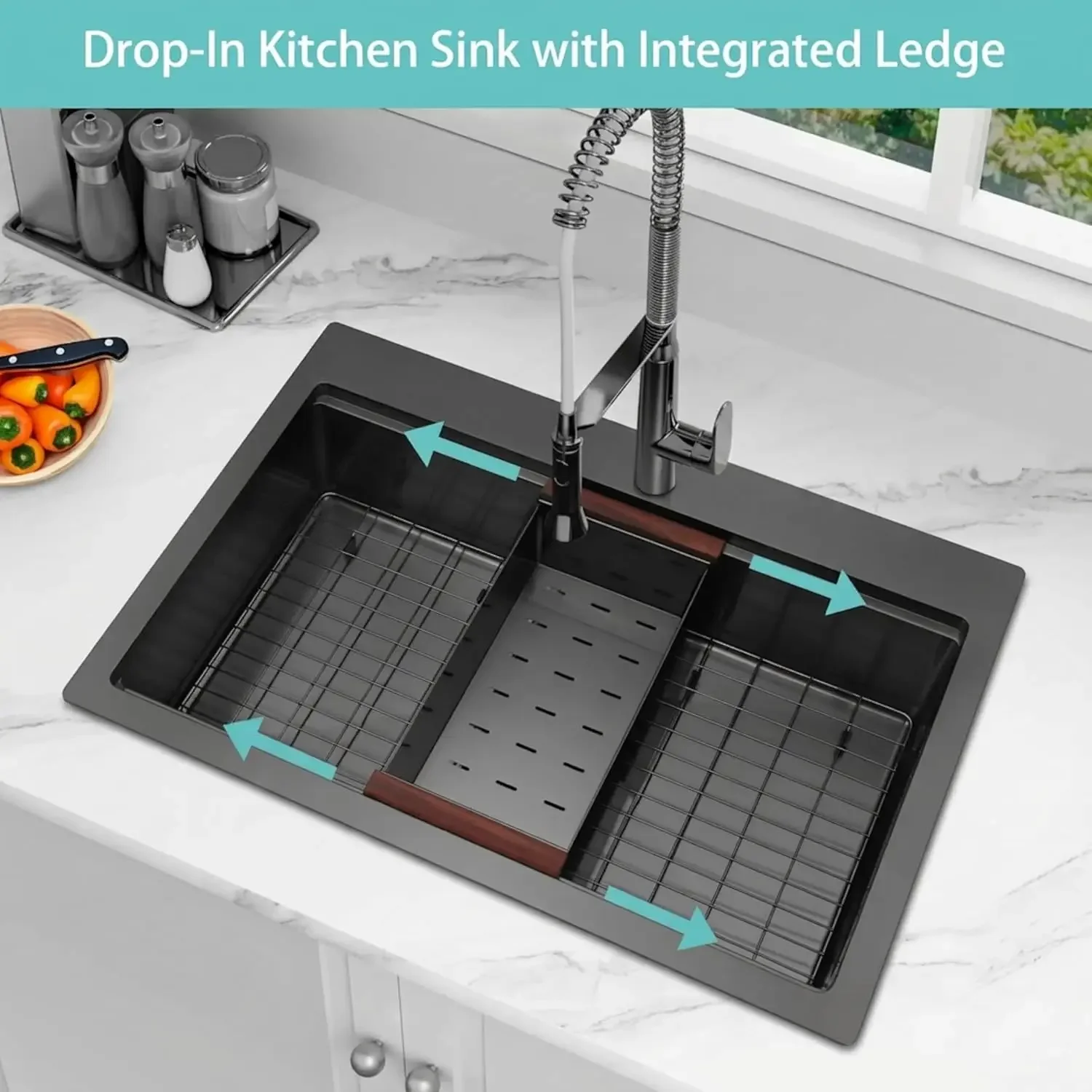 33x22 Black Kitchen Sink, 16 Gauge Stainless Steel Drop In Workstation Sink | 9" Deep Single Bowl Top Mount Sink with Handmade D view 6