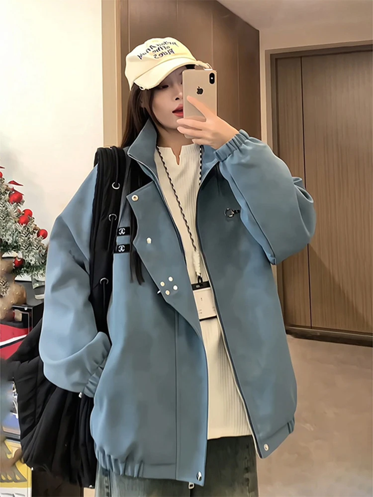 

American Sle ort PU Leather Jaet Men's Spring oulder New Chinese Sle Stand Collar Couple's Korean Baseball Outfit