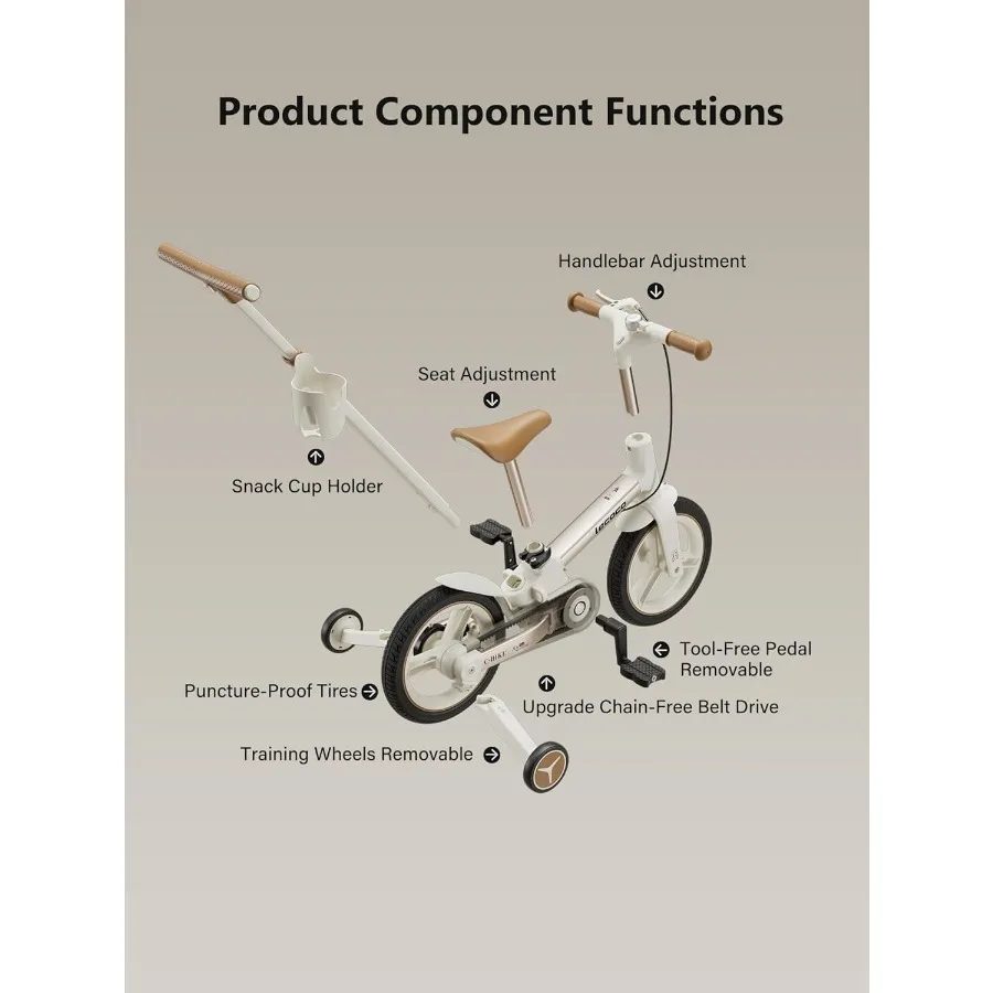 アップグレードされた幼児用自転車、プッシュハンドル付き、6 in 1、バランスバイクおもちゃ、補助輪、ブレーキ、カップホルダー、ペダル、キックスタンド付き