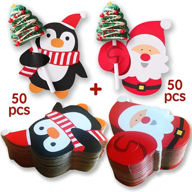 50Pcs Christmas Lollipop Paper Card Decoration Santa Claus And Penguin Shaped Christmas Candy Clip DIY Packaging Home Room Decor