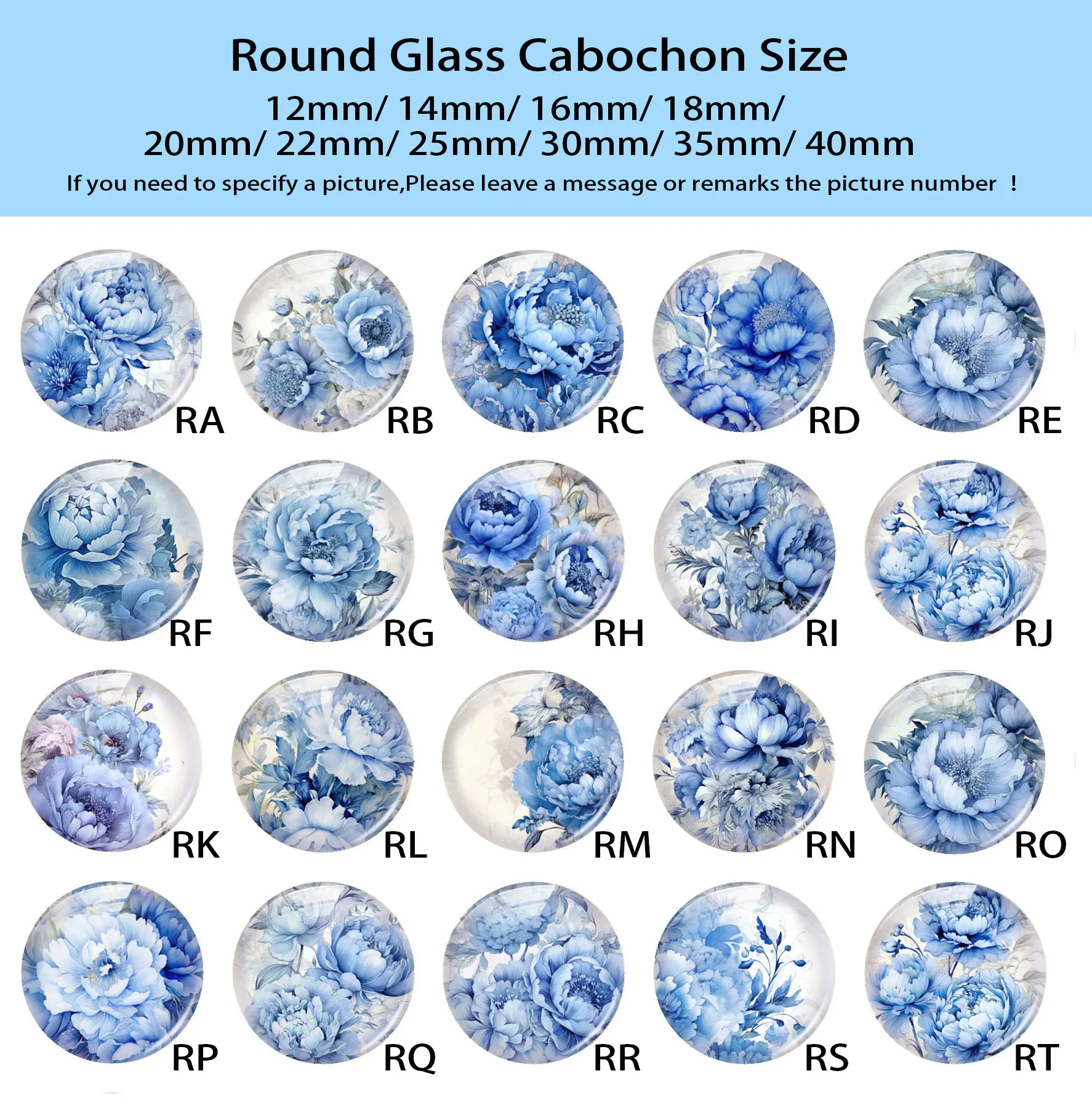 Random Mixed Round/Oval/Square Blue Poeny Flower Photo Glass Cabochon Flatback Demo Cameo For Diy Jewelry Making Handmade view 5