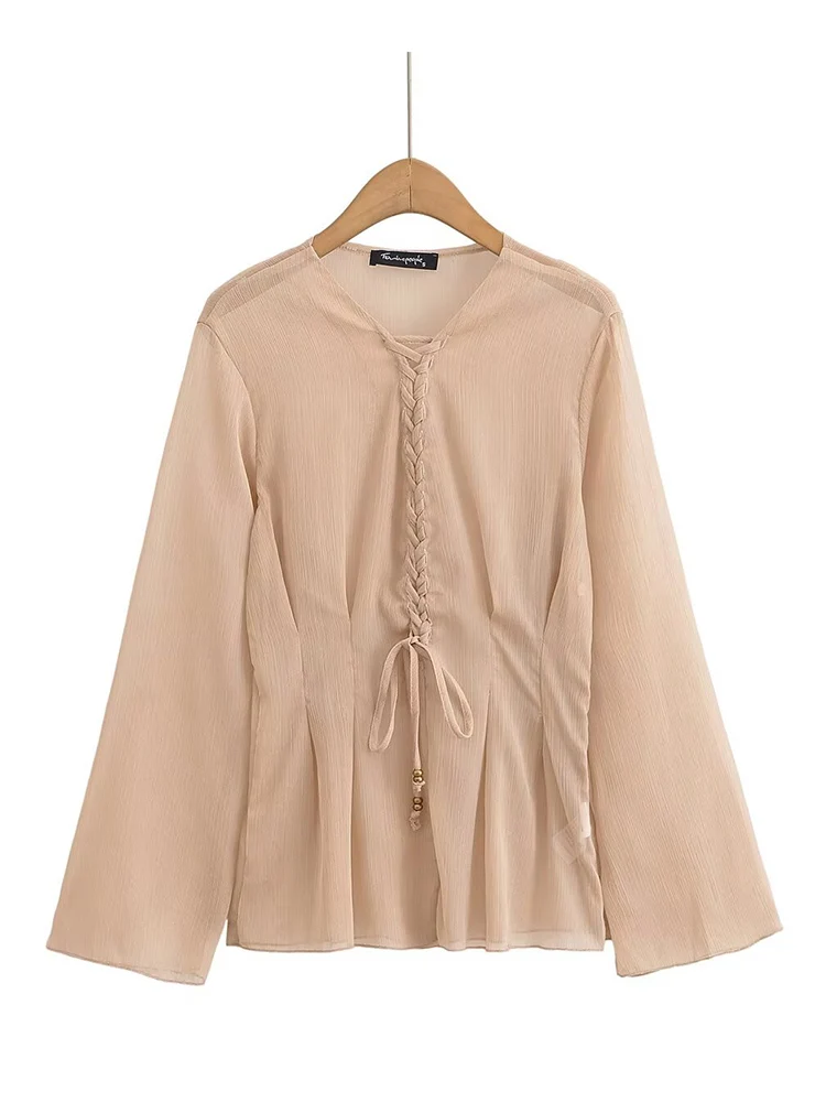 European style new women's fashion all-match temperament semi-transparent waist placket tie design trumpet sleeve top