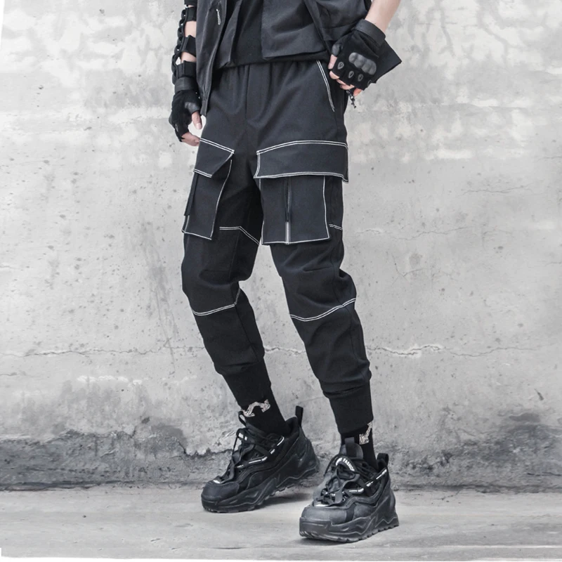 Men's Fashion Loose Bright Line Ruffian Handsome Multi Pocket Overalls Autumn New Versatile Leggings Casual Leggings