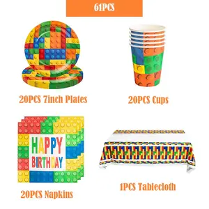 Bloques de construcción fiesta de fiesta de cumpleaños Copas de papel platos manteles coloridos bloques de construcción suministros para fiestas para niños para niños 12 mejores decoraciones de cumpleaños de Lego de ventas - №11