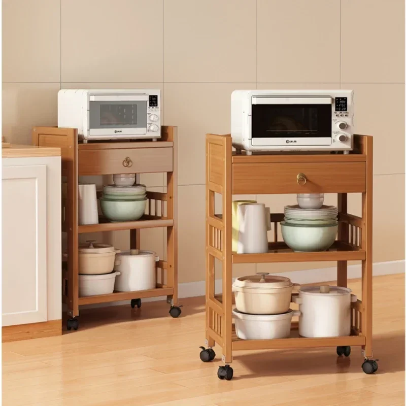 

Multi-functional Storage Cart Multilayer Drawer Microwave Oven Rack Natural Bamboo Storage Rack Mobile Pulley Kitchen Furniture