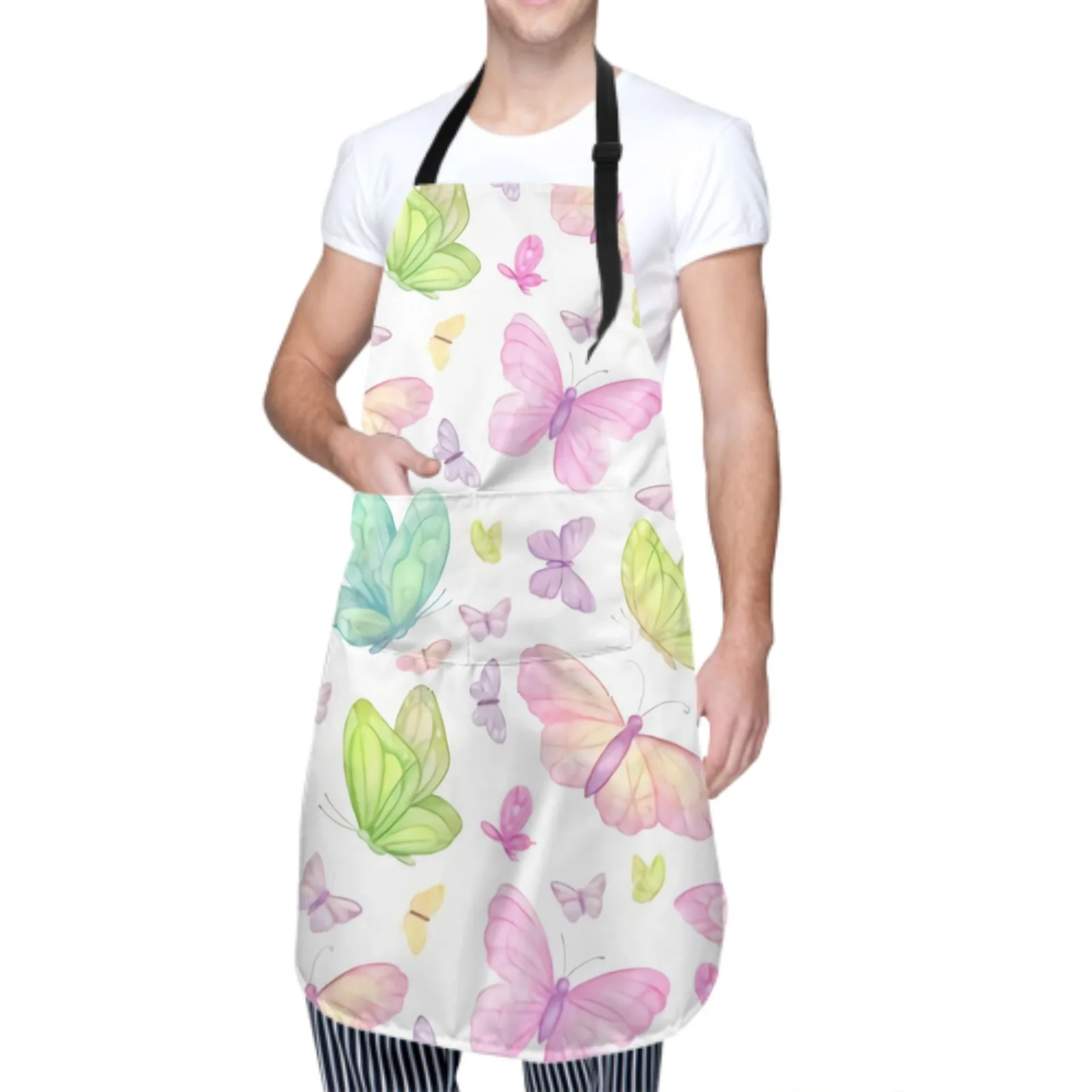 Butterfly Waterproof Apron with 2 Pockets Kitchen Chef Apron Colorful Apron for Hair Brushing Cooking Baking Painting Gardening