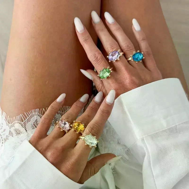 Fashion Geometric Rhinestone Stacking Opening Rings for Women Vintage Colored Gemstone Rings Party Jewelry Gift