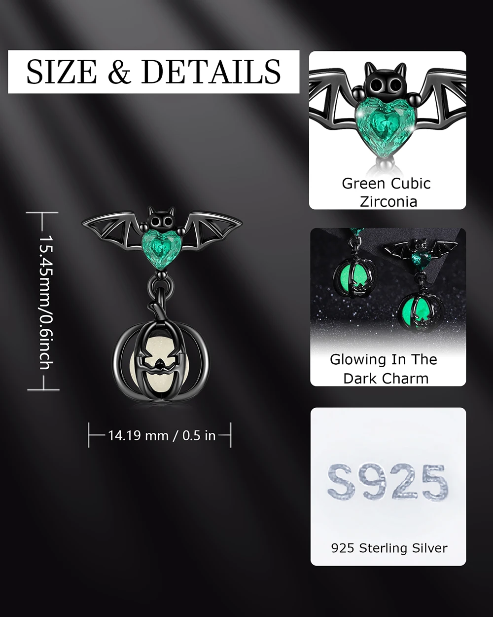 925 Sterling Silver Black Vampire Bat Green Zircon Glowing in the Dark Gothic Earrings Jewelry Halloween Gifts For Women Friend