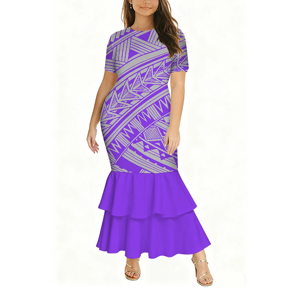 Polynesian Slimming Short-Sleeved Design With Floral Prints Custom-Made Round-Neck Slim Double-Pleated Fishtail Skirt