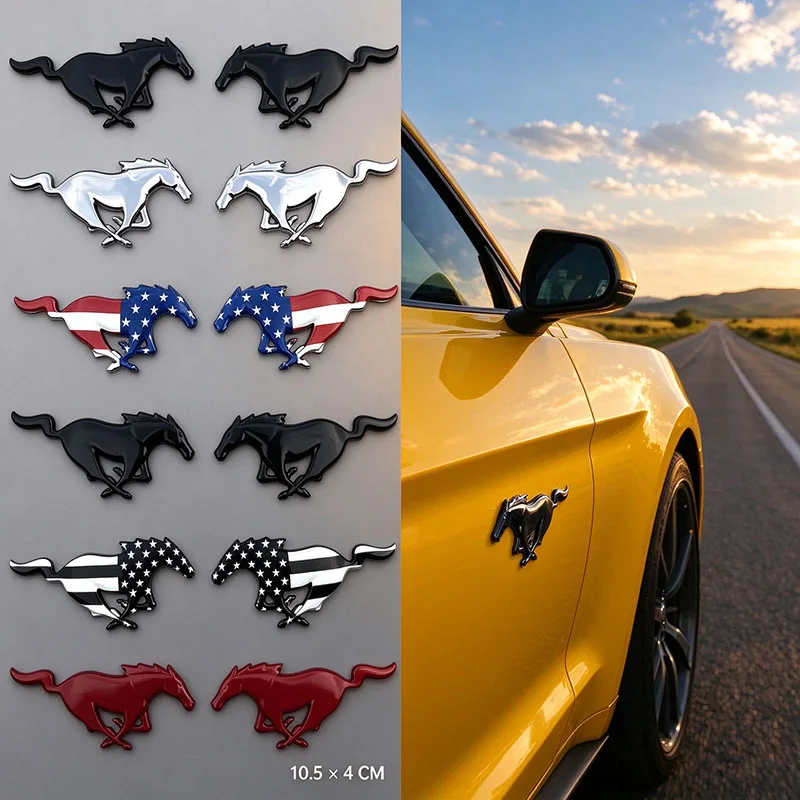 10.5x4CM Mustang Running Horse Side Fender Emblem for Ford Mustang ST Racing Raptor Edge Focus Fusion Escape Transit Hub Caps