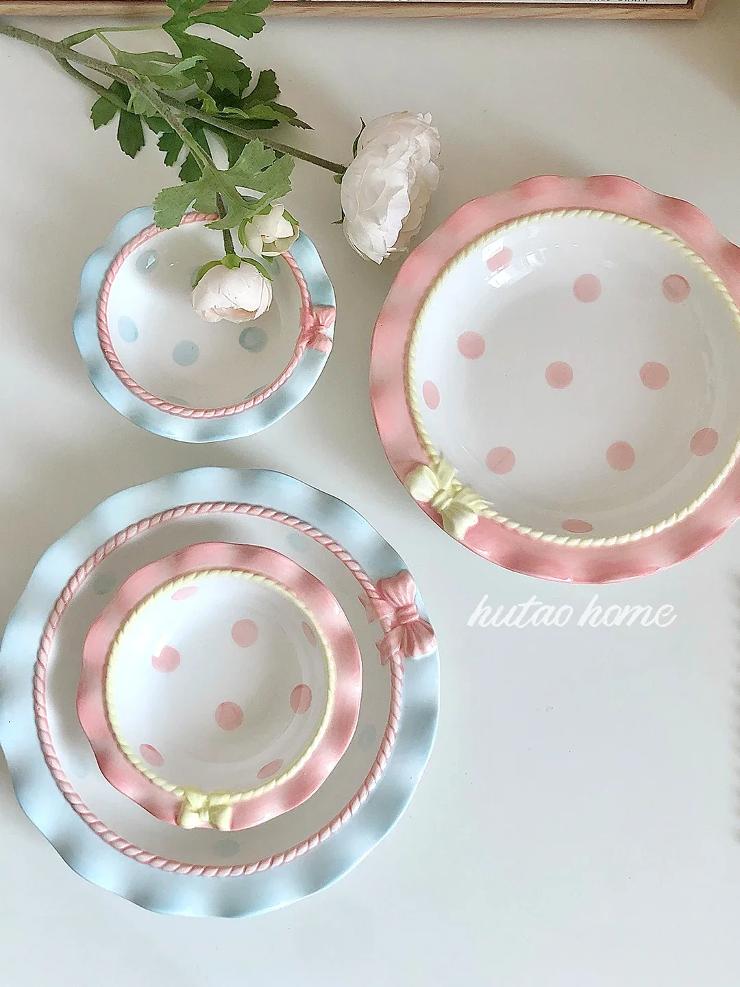 INS Style Korean Style Girl Heart Pink Ceramic Tableware Set Polka Dot Bow Cute Small Bowl Rice Bowl Deep Plates Cute Plates