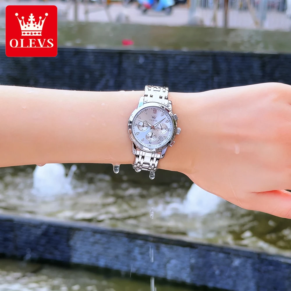 ساعات نسائية أنيقة من OLEVS ساعة يد كوارتز أصلية فاخرة من الفولاذ المقاوم للماء كرونوغراف للتاريخ المضيء