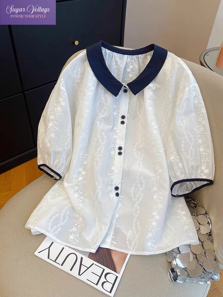 

2025 элегантная вышитая рубашка с коротким рукавом, женская хлопковая блузка с контрастным воротником и пышными рукавами, летние свободные шикарные офисные женские топы