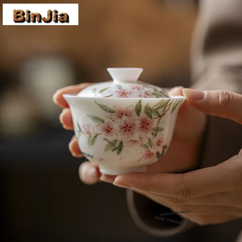 BAEJORIA 130ml Hand-painted Peach Blossom Thin Tire Gaiwan Retro Tea Tureen Tea Bowl With Lid Kit Tea Maker Cover Bowl Tea Craft