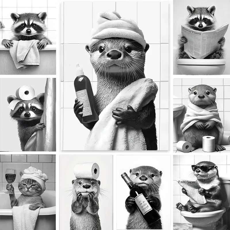 Black and White Animal Toilet Paper Canvas Bathroom Poster Otter Gift Room Wall Decor Home Black and White Modern Print