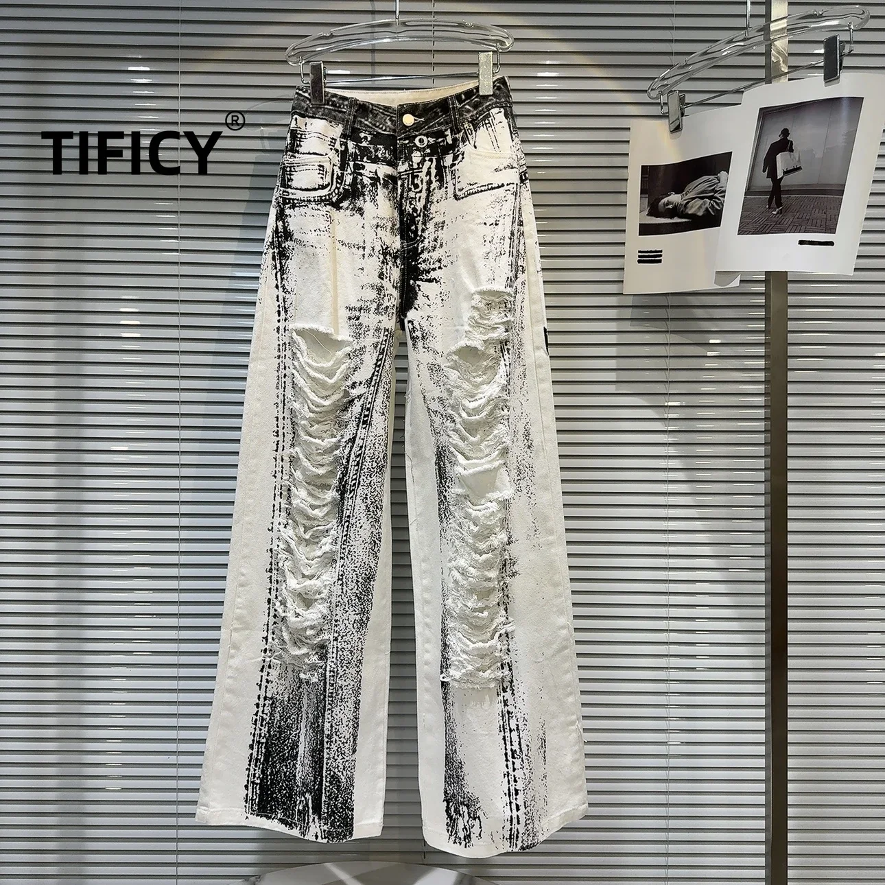 

TIFICY Autumn New American Denim Pants Women's Spicy Girl Abstract Printed Pattern Cut Hole Explosion Street Wide Leg pants