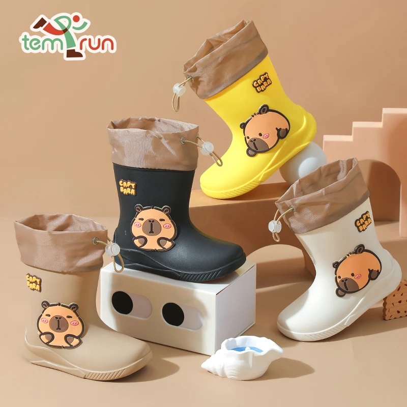 Cartoon Capybara Pattern Children's Rain Boots For Boys And Girls Rubber Anti-Slip Elastic Band Student Waterproof Rain Boots