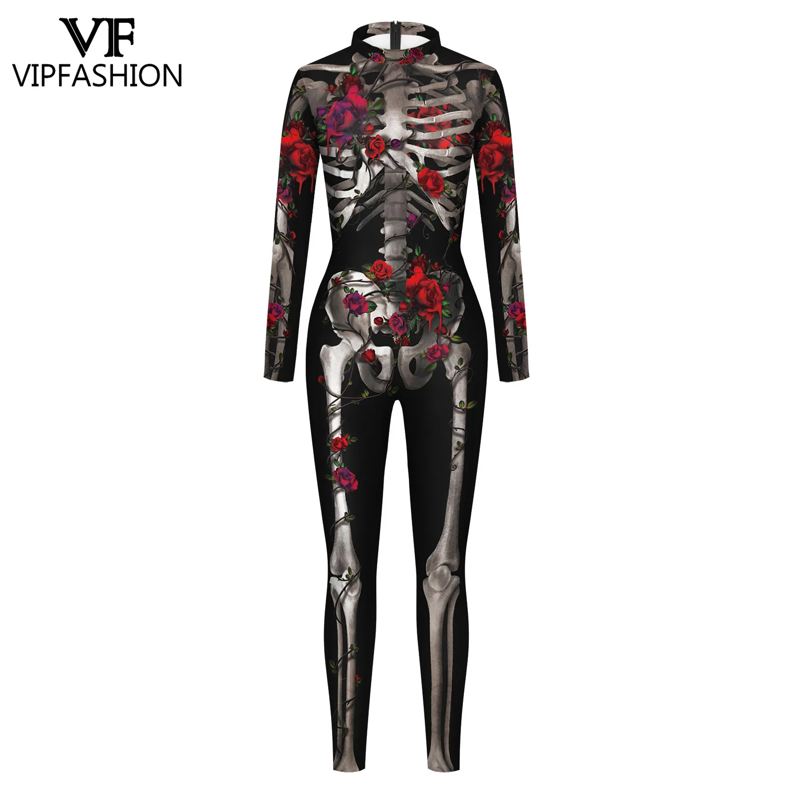 

VIP FASHION Halloween Skeleton Rose Print Jumpsuit Women Spandex Bodycon Costume Gothic Full Body Party Outfit Show Zentai Suit