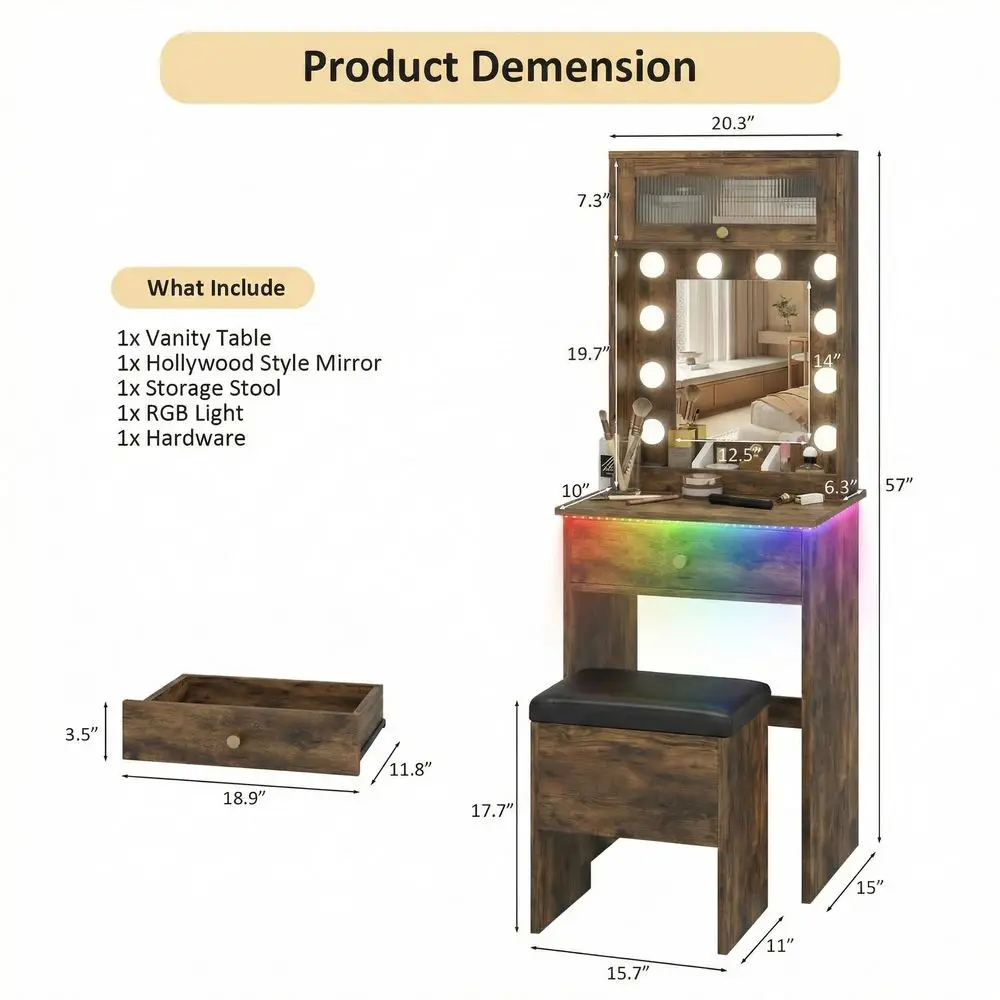 Small Vanity with Mirror amp RGB Light Rustic Makeup Set for Bedroom Table Storage Rack, Mini Vanity with Storage Chair, Space