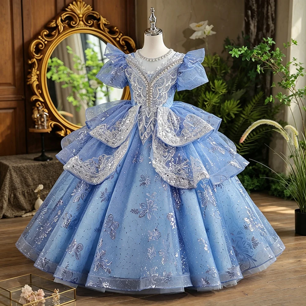 Luxury Blue Sparkling Beaded Girls Dress Wedding Birthday Party Wear Glamorous Puff Sleeve Kids Princess Gown For Performance