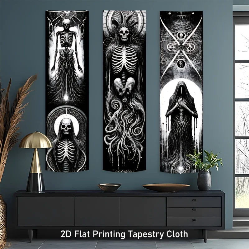 Gotischer okkulter Skelett-Wandteppich, vertikales Banner, schwarz-weiß, dunkle Kunst, langer, schmaler Wandbehang für Schlafzimmer, Gaming-Raum-Dekoration