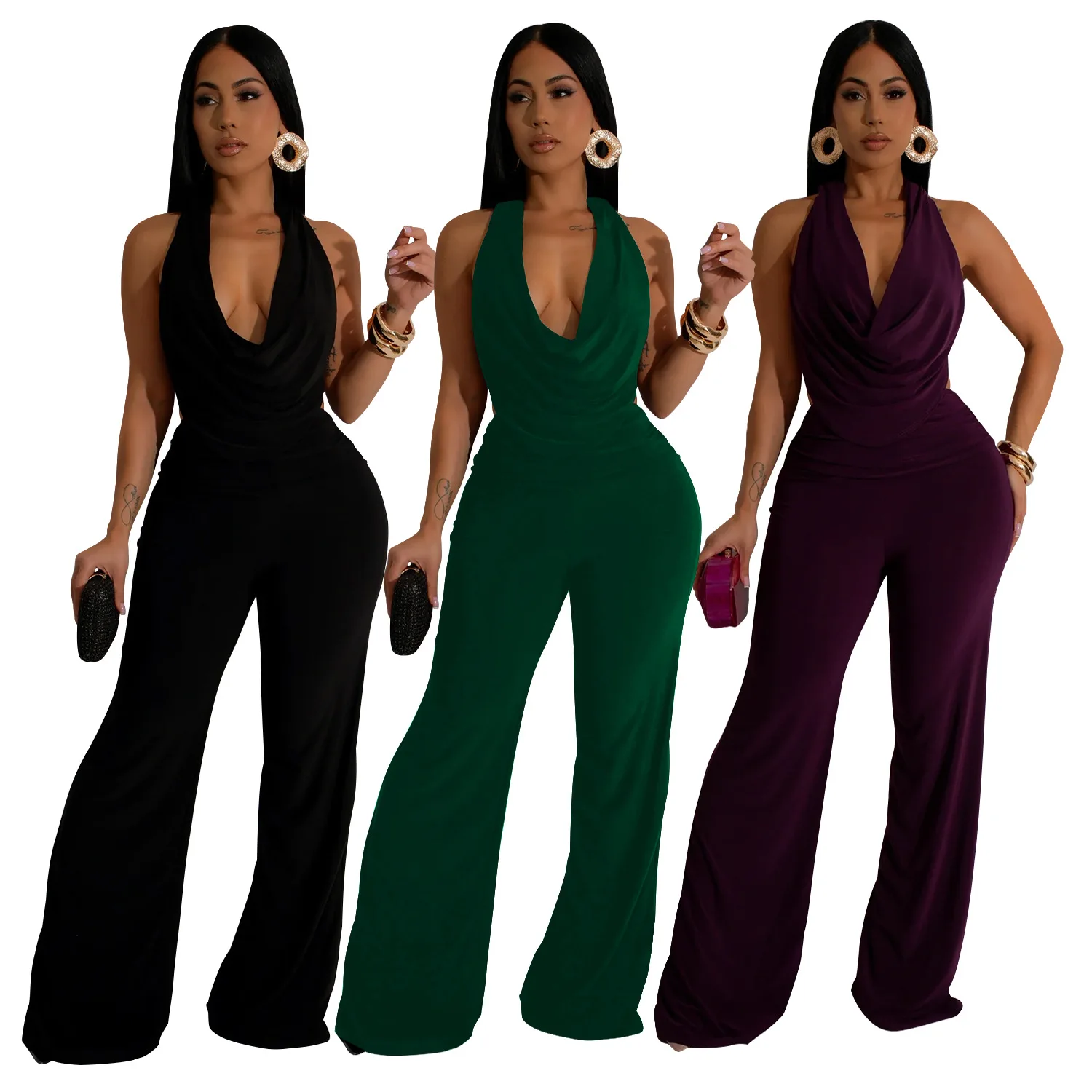 EINY Sexy Two Pieces Pant Sets Halter Deep V-Neck Backless Jumpsuits Women’s Wide Leg Pants Evening Party Night Club Overalls