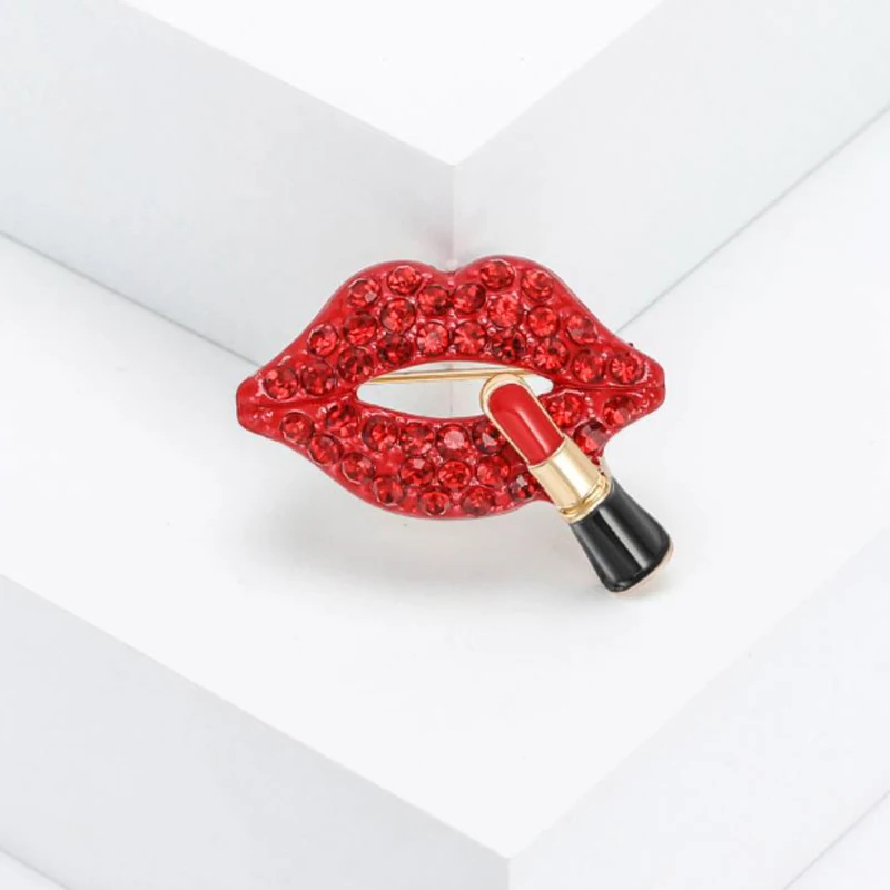 Fashion Sexy Lipstick Red Lips Rhinestone Brooches For Women Clothing Coat Accessories Gifts