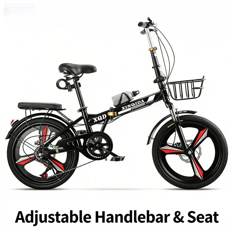 Black Variable Speed Folding Bicycle with Front Shock Absorption Disc Brake Child And Adult Integrated Wheel Installation-Free